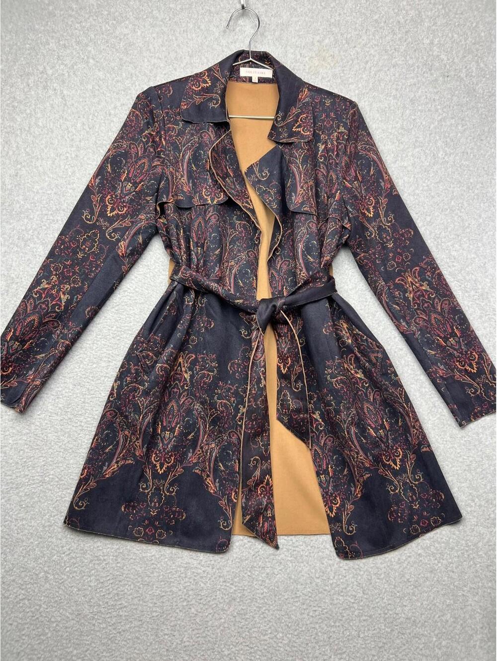 Anthropologie Solitaire Womens Midi Trench Jacket Size S Paisley Boho Faux Suede